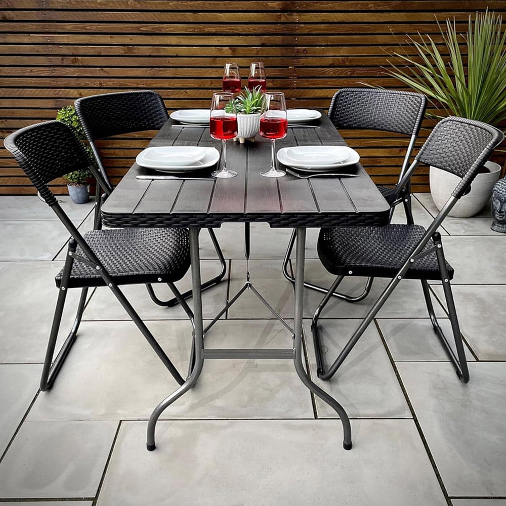 Garden Gear 4 Seater Rattan and Wood Effect Folding Plastic Dining Set Black Image 1