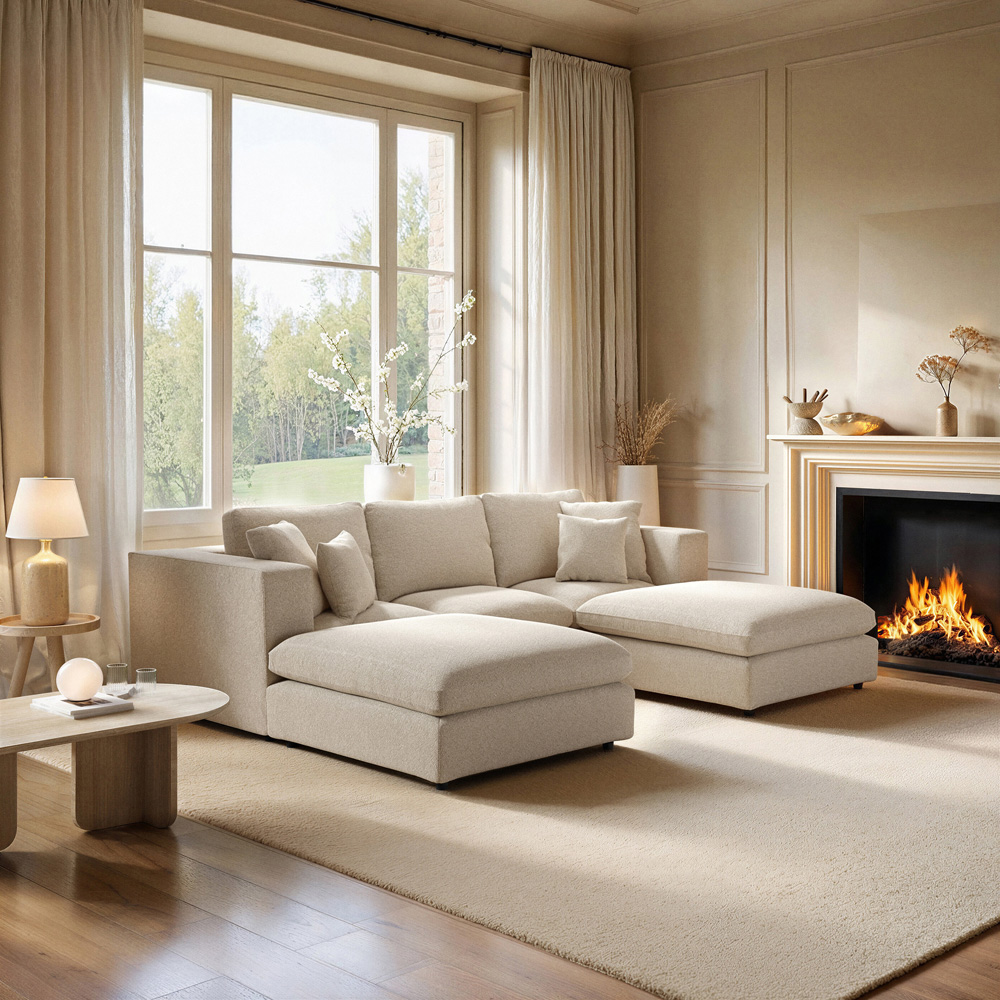 SOLACE+CO Asher 4 Seater Beige Boucle U Shape Sofa with Footstool Image 7