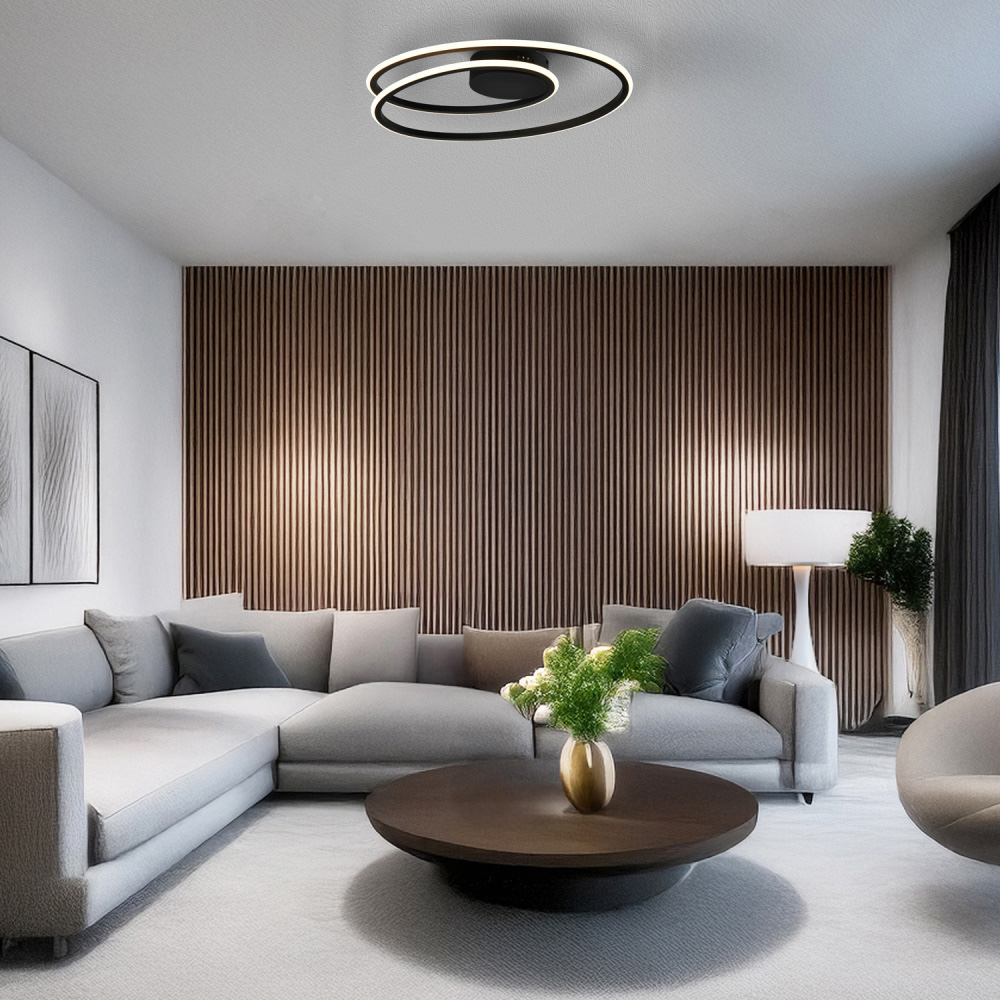 Happy Homewares Matte Black Double Swirl Strip LED Flush Ceiling Light Fitting Image 2