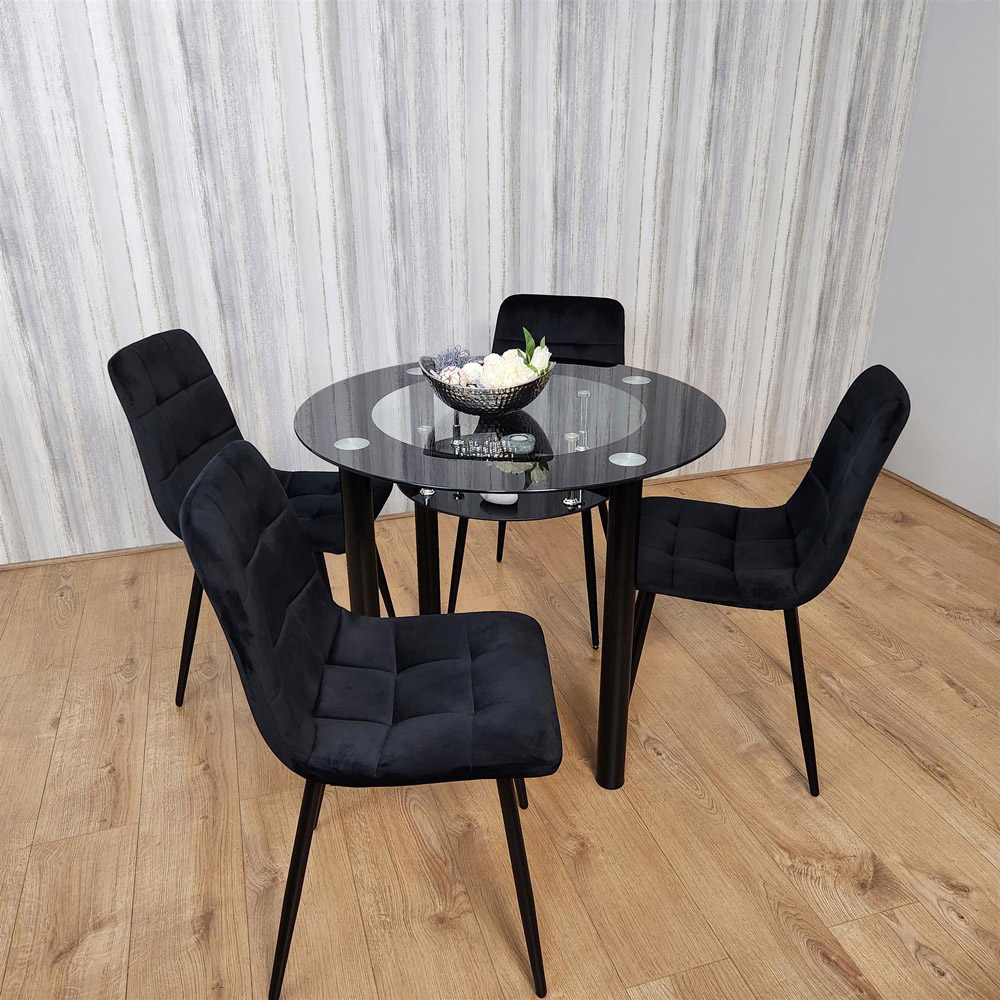 Portland Rocco 4 Seater Round Glass Velvet Dining Set Black Image 5