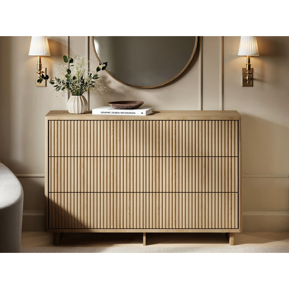 SOLACE+CO Velmor 6 Drawer Oak Ribbed Chest of Drawers Image 4