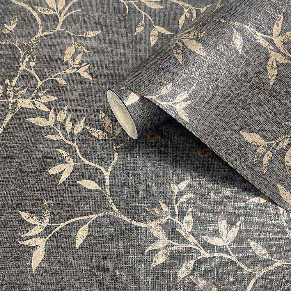 Muriva Japandi Leaf Charcoal and Gold Wallpaper Image 2
