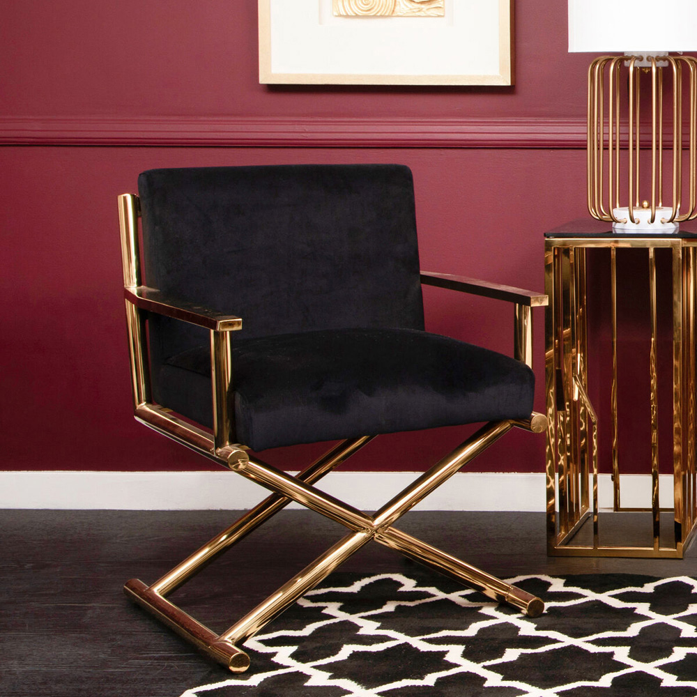 Premier Housewares Hendricks Black Velvet Gold Cross Legs Chair Image 6