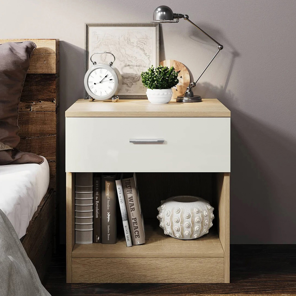 Brooklyn Single Drawer Oak and Cream High Gloss Bedside Table Image 5
