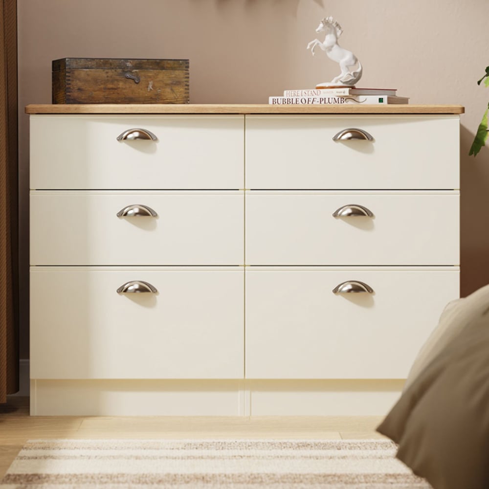 Crowndale Victoria 6 Drawer Cream Ash and Oak Wide Midi Chest of Drawer Image 1