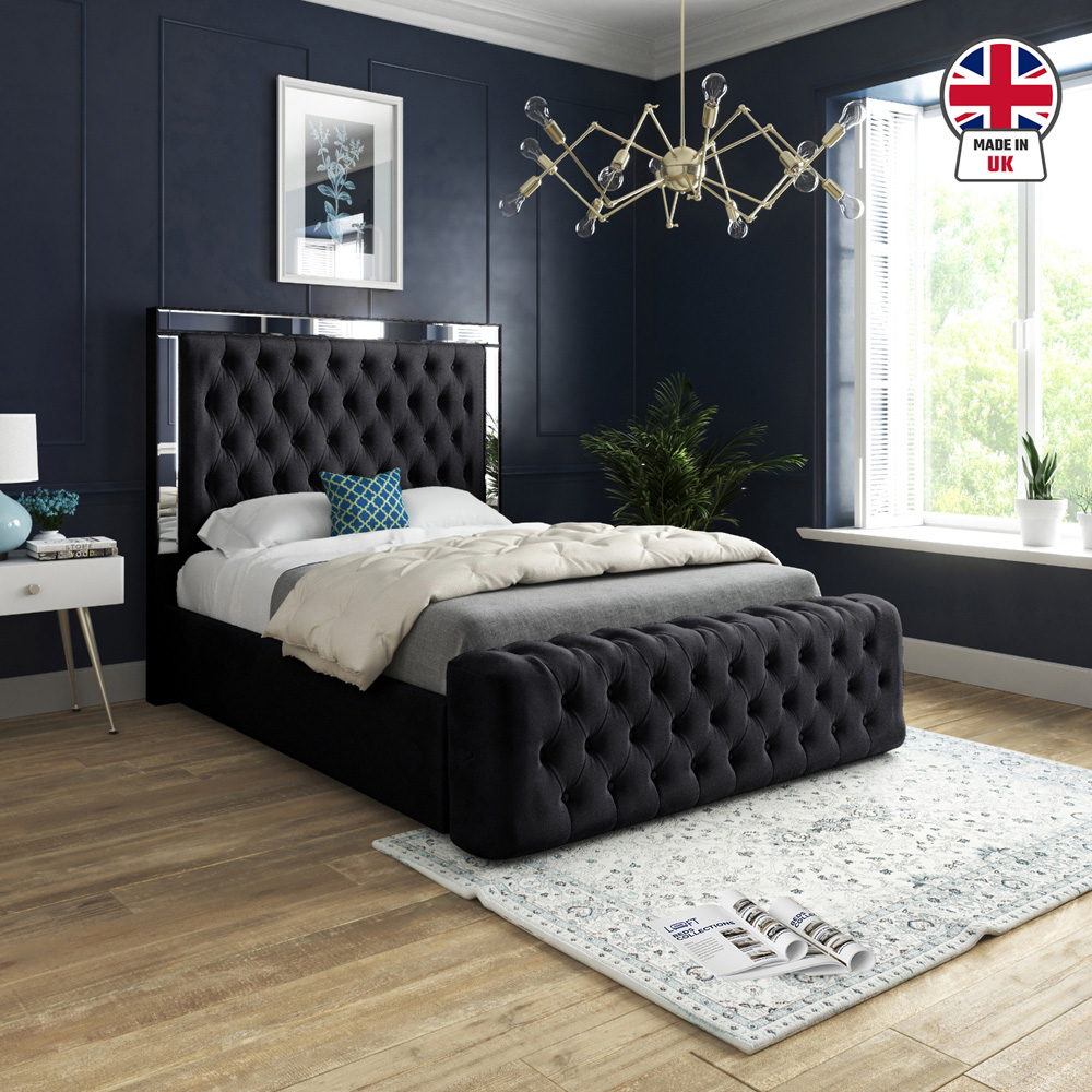 Marino Black Double Velvet Upholstered Bed Frame with Mirrored Headboard Image 6