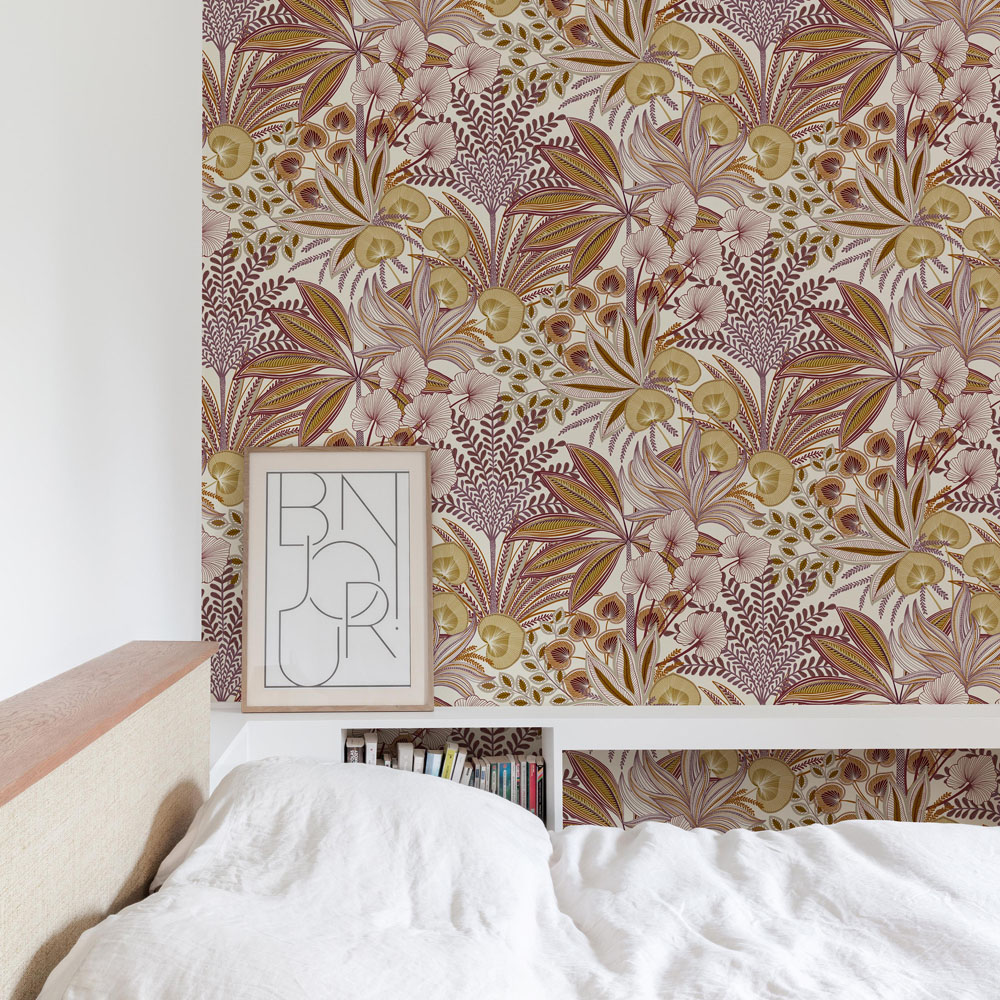 Grandeco Jody Retro Jungle Botanical Textured Pink and Orange Wallpaper Image 2