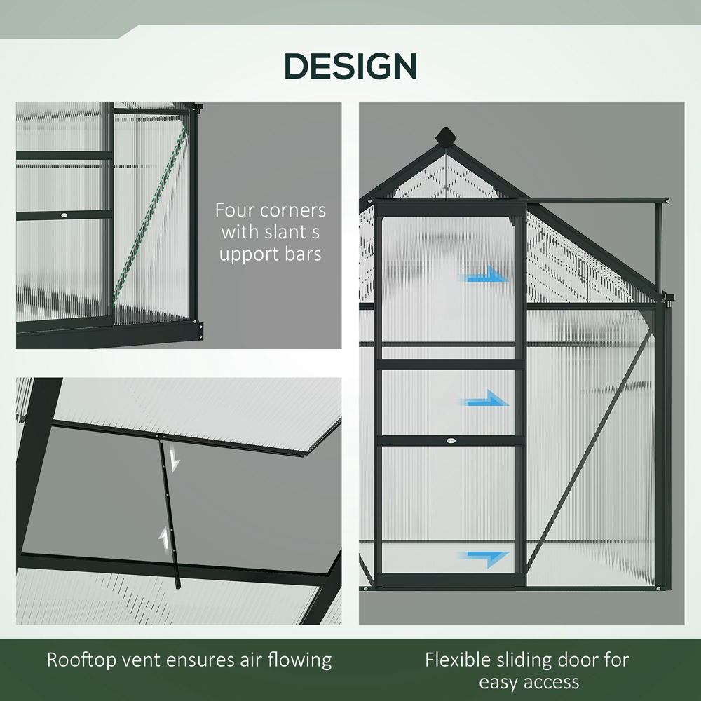 Outsunny 6 x 10ft Black Galvanised Aluminium Polycarbonate Walk In Greenhouse Image 7