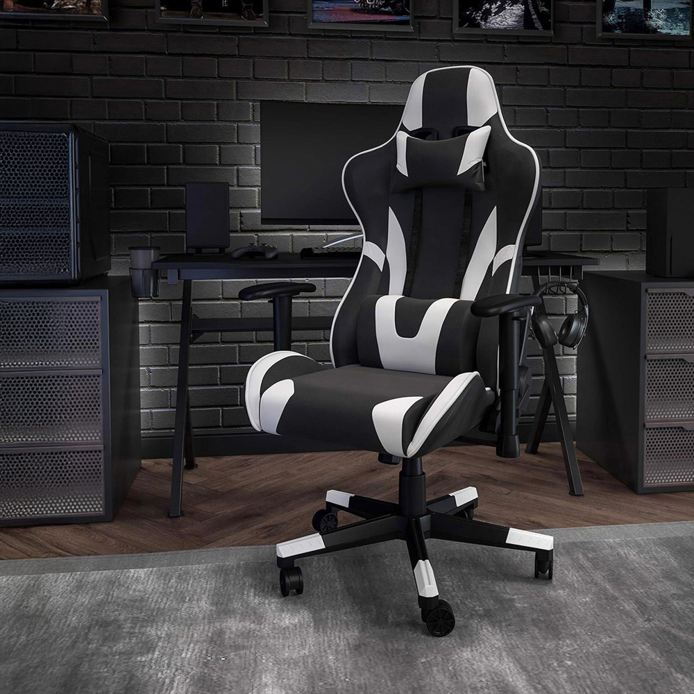 FWStyle X20 Black and White Faux Leather Racer Style Deluxe Gaming Chair Image 4