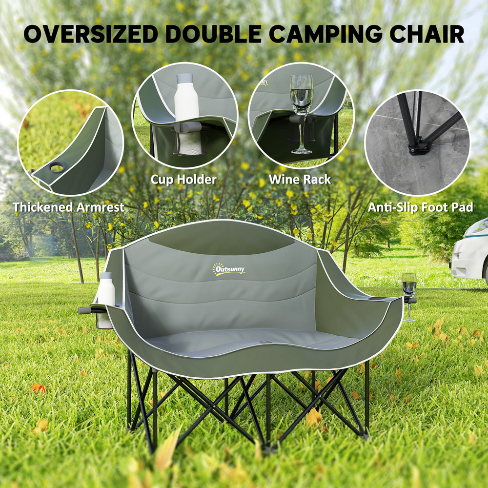 Outsunny 2 Seater Green Camping Chair with Armrests and Cup Holders Image 6