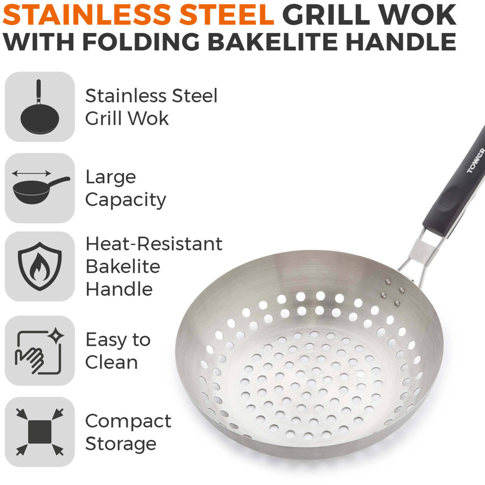 Tower 28cm Stainless Steel Grill Wok with Folding Bakelite Handle Image 8