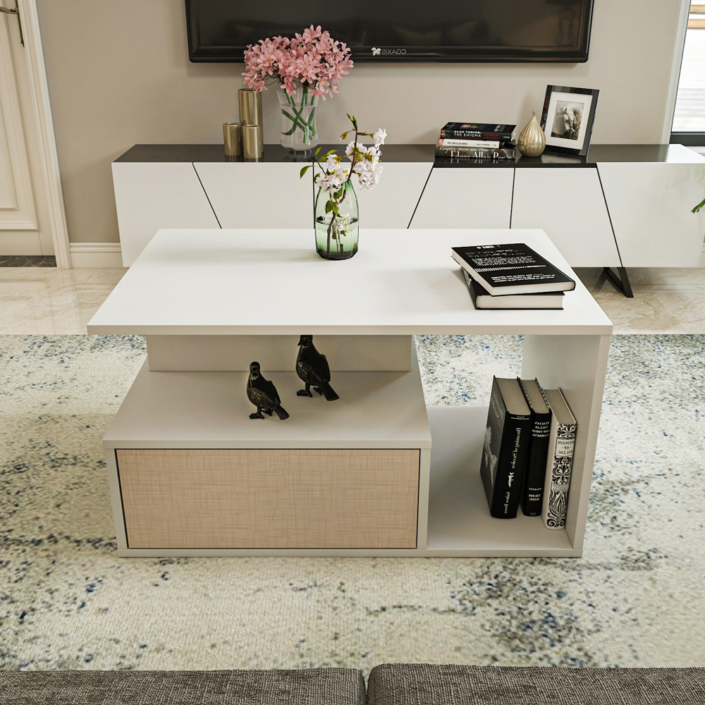 Decorotika Mana White and Beige Coffee Table with Shelf and Cabinet Image 7