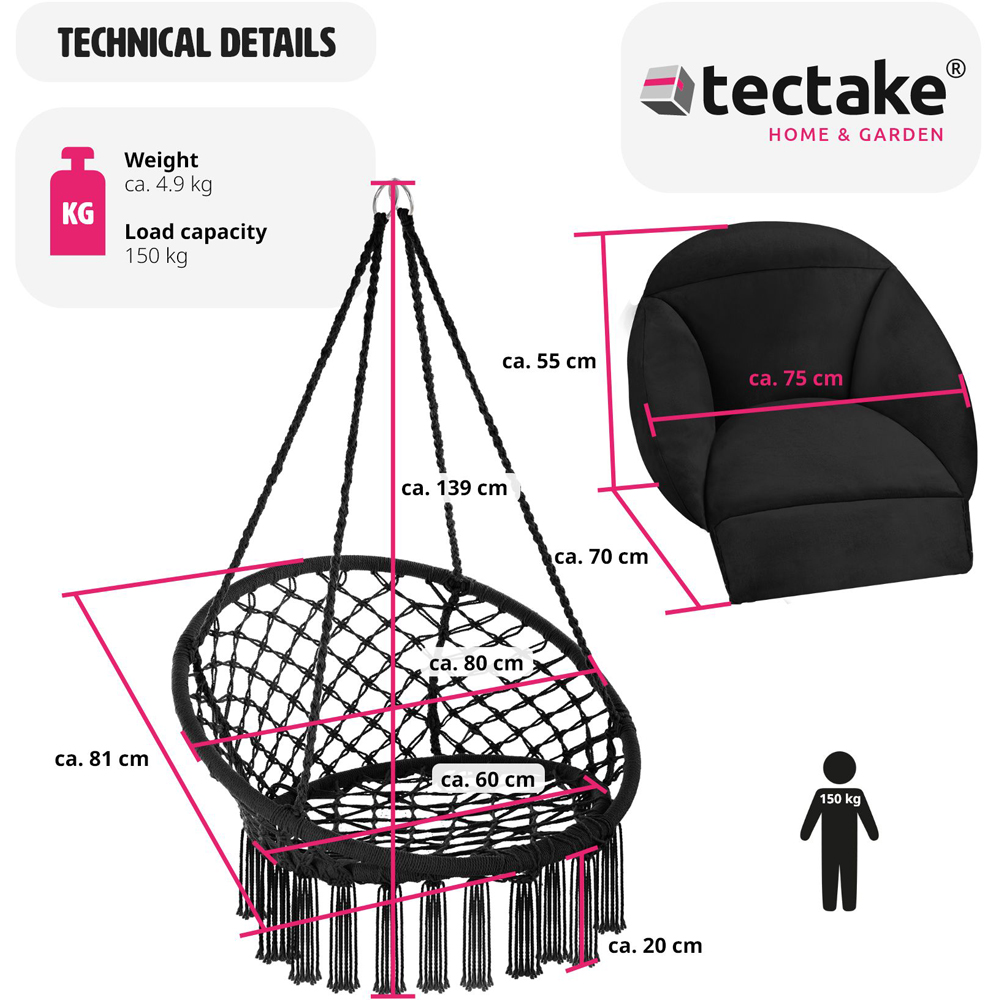 tectake Samira Black Swing Chair with Thick Seat Cushion Image 8