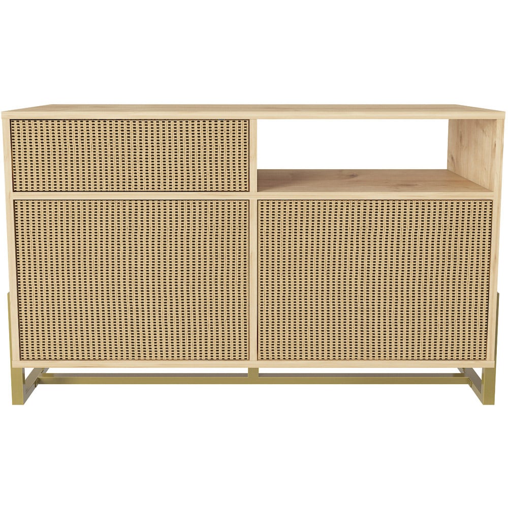 Decorotika Utopie 3 Door Singe Shelf Oak and Rattan Modern Storage Cabinet Image 2