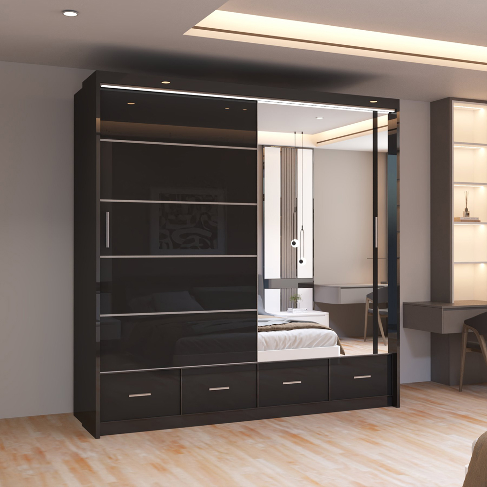 Sliding Wardrobes 4U Sycylia 2 Door 4 Drawer Black High Gloss Mirror Wardrobe Image 3