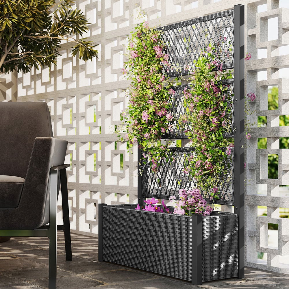 Outsunny Charcoal Grey Rattan Raised Garden Planter with Trellis Image 2