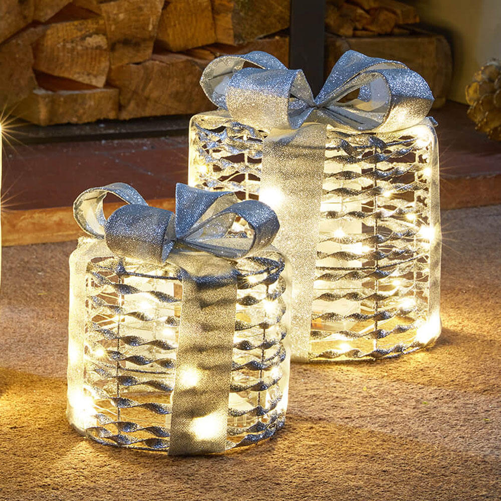 Marco Paul Silver Glitter LED Gift Box Christmas Decoration 3 Pack Image 3