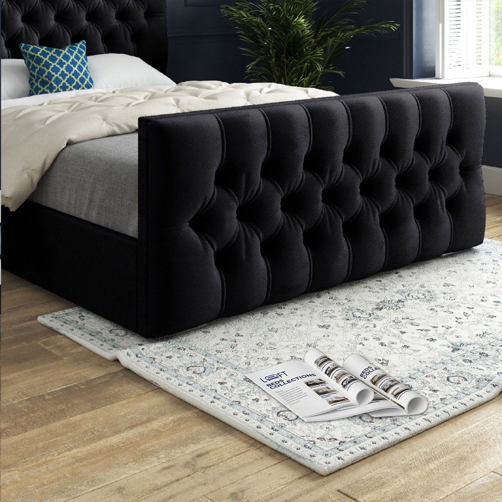 Novara Black Double Velvet Upholstered Bed Frame with Pleated Chesterfield Headboard Image 4