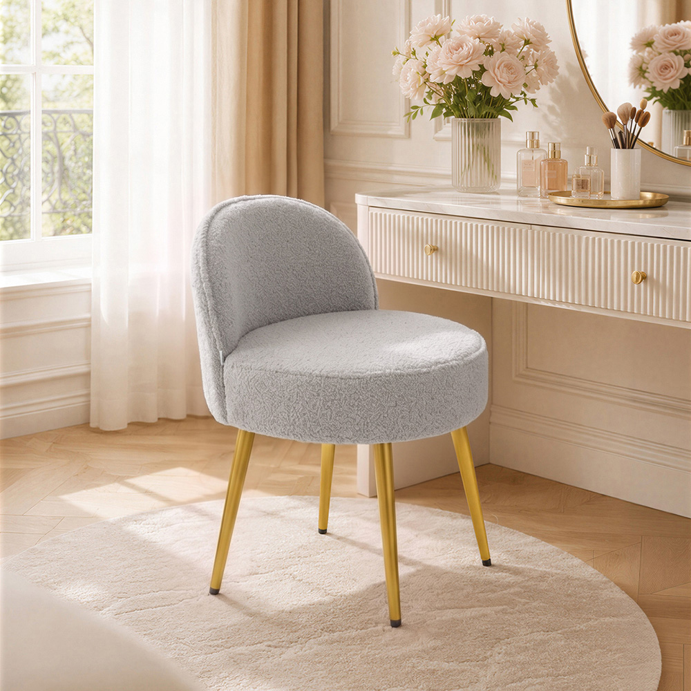 Living and Home Grey and Gold Teddy Fleece Curved Backrest Vanity Stool Image 8