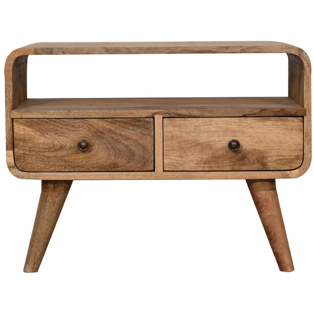 Artisan Furniture Oak-ish 2 Drawer Single Shelf Solid Wood Mini Curved Media Unit Image 2