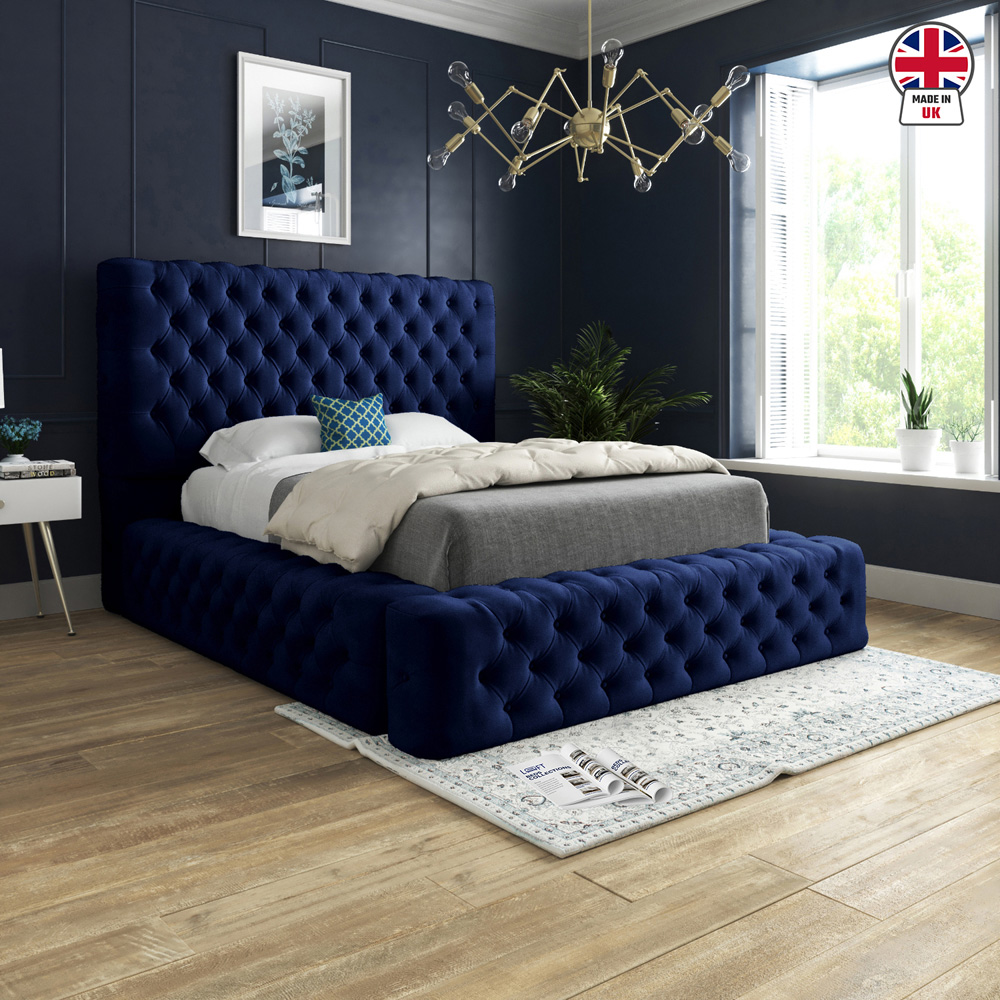 Grand Milan Blue Single Upholstered Bed Frame with Pleated Chesterfield Headboard Image 6