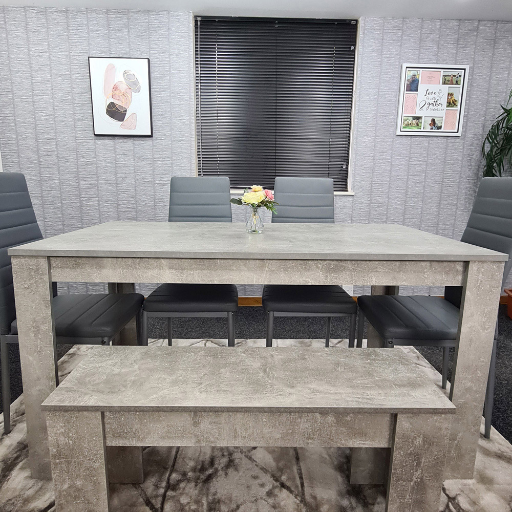 Portland Leather 6 Seater Dining Set with Bench Stone Grey and Grey Image 3
