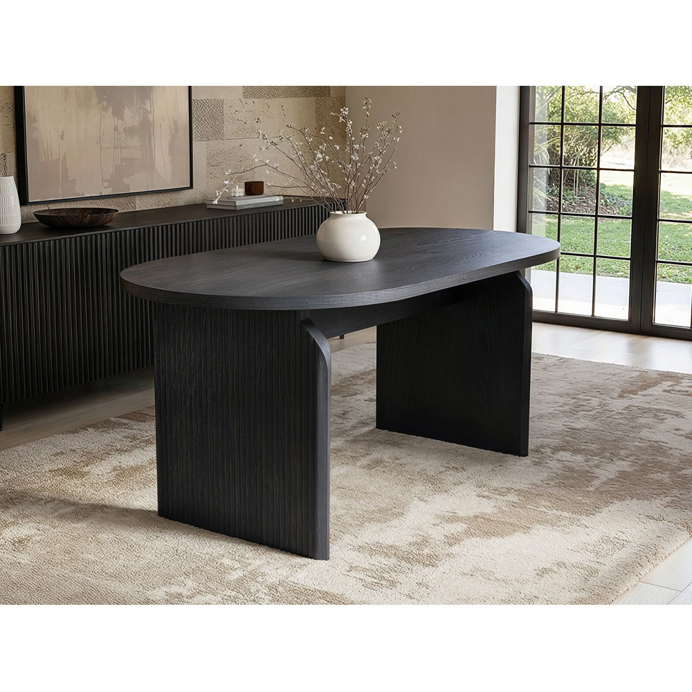SOLACE+CO Varm Black Wood Effect 6 Seater Ribbed Dining Table Image 4