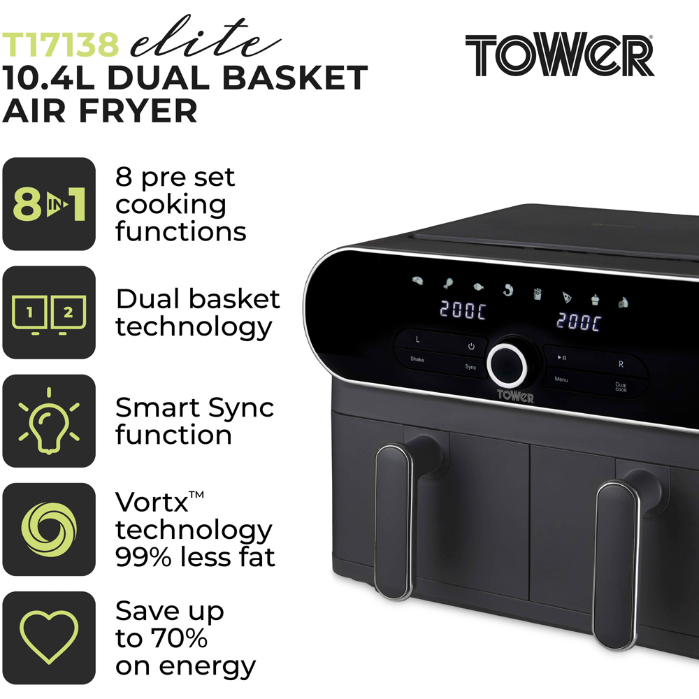 Tower Vortx T17138 Graphite Grey Elite Dual Basket Chrome Digital Air Fryer 10.4L Image 2