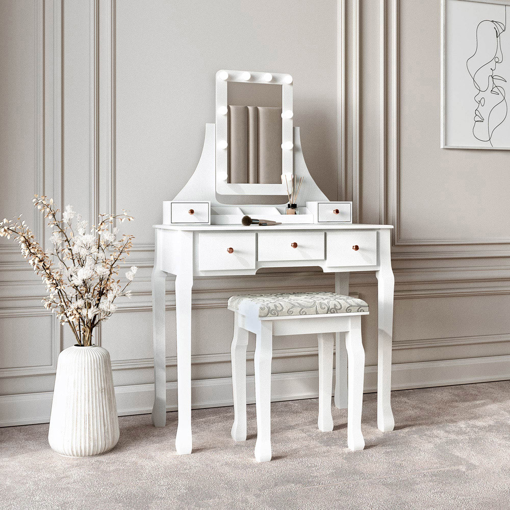 CARME Home Arianna 5 Drawer White Hollywood Mirror Light Deluxe Dressing Table Image 6