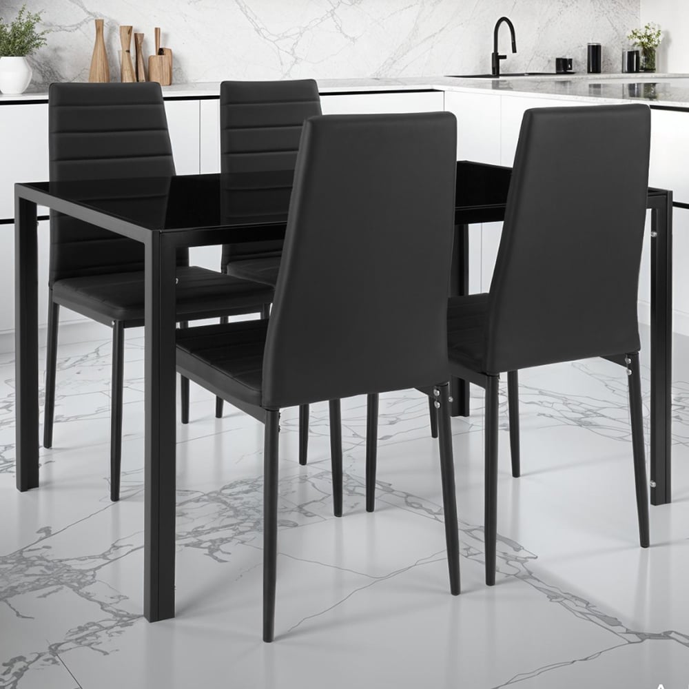 tectake Berlin 4 Seater Black Faux Leather Dining Table Set Image 1