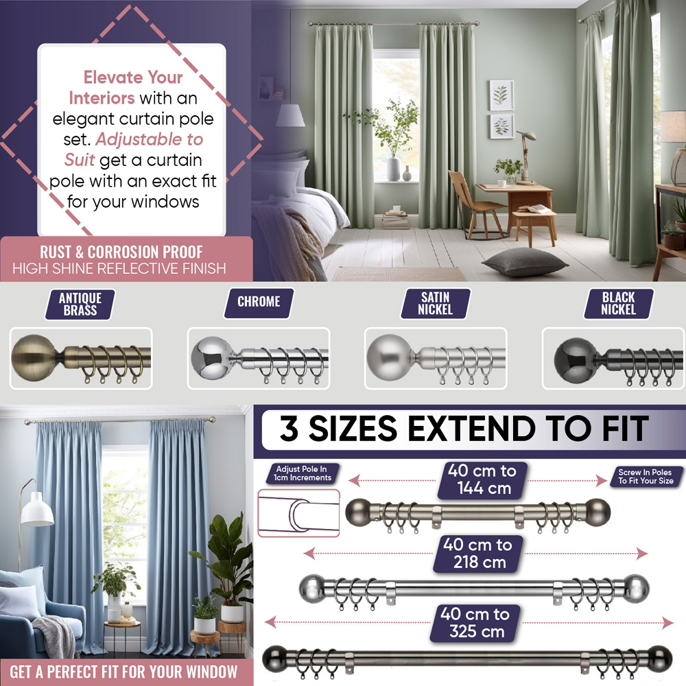 Home Treats 40 to 144cm Extendable Black Nickel Metal Crystal Curtain Pole Image 7
