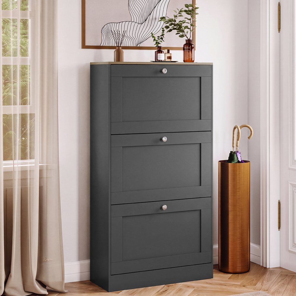 Vida Designs Altino 3 Flip Down Drawer Charcoal Grey and Oak Shoe Cabinet Image 4