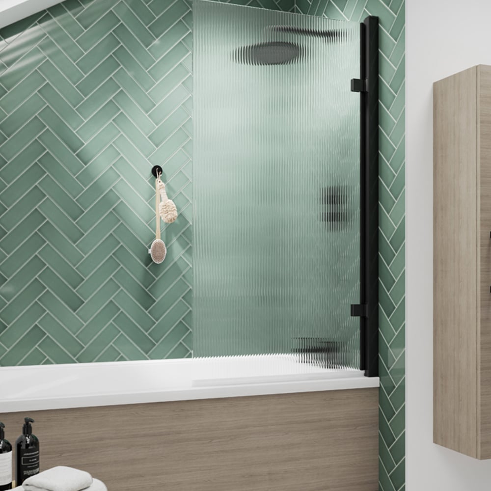 nuie Matt Black Hinged Fluted Square Shower Bath Screen 830mm Image 2