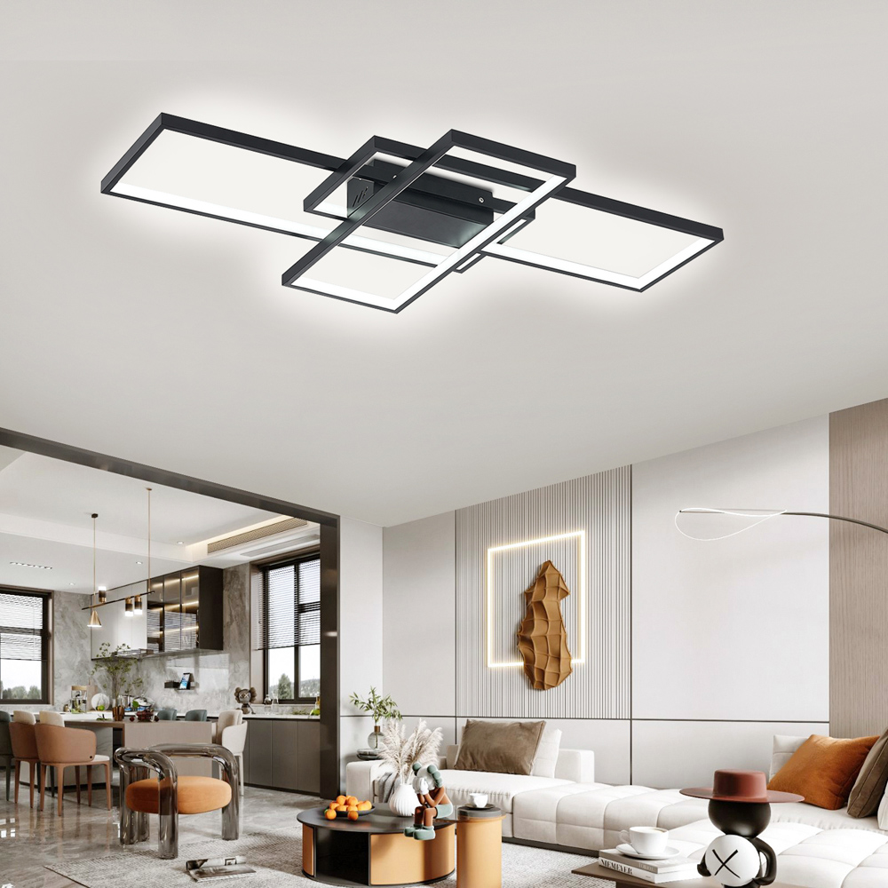 Living and Home 35 inch Black Rectangular Semi-Flush Dimming Ceiling Light with Remote Image 6