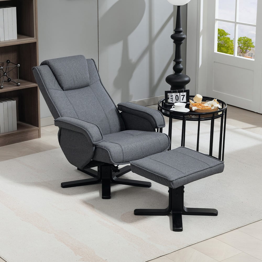 Portland Grey Linen Upholstered Swivel Rocker Recliner Chair with Footstool Image 3