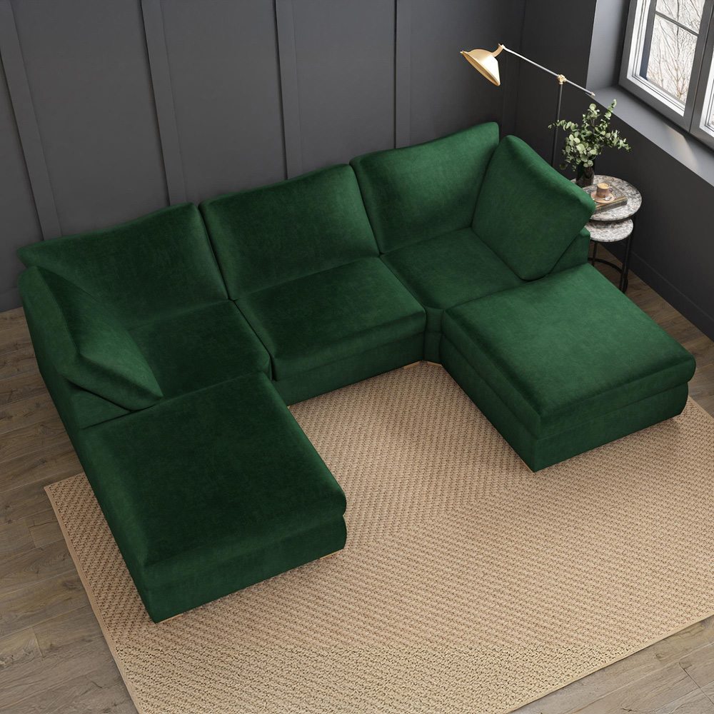 Nestle 5 Seater Forest Green Plush Velvet Fixed Back U-Shape Sofa Image 7
