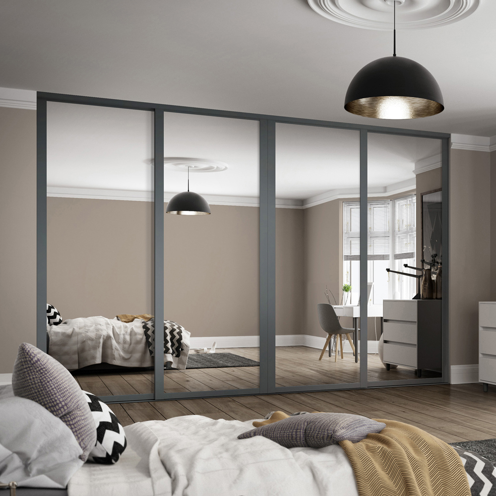 Spacepro Shaker 4 Door Graphite Frame Mirror Sliding Wardrobe Kit 3506mm Image 2