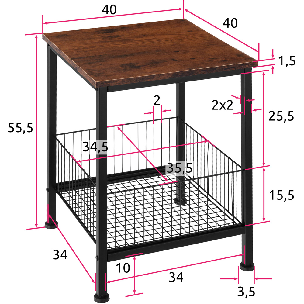 tectake Grimsby Dark Wood Bedside Table with Mesh Basket Image 9