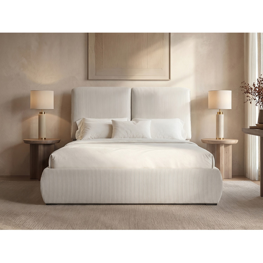 SOLACE+CO Lydia Beige Double Cord Ottoman Bed with Plush Padded Headboard Image 4
