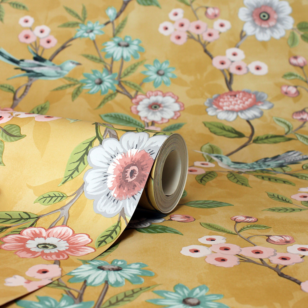 Fine Decor Eleanor Floral Ochre Wallpaper Image 2