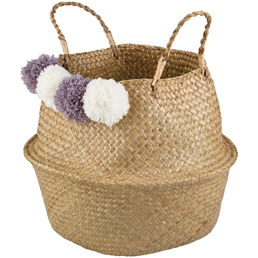 Homebase Seagrass Foldable Storage Basket with Pom Poms 2 Pack Image 2