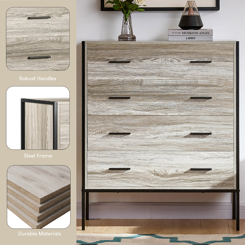 Vida Designs Brooklyn 4 Drawer Grey Rustic Metal Frame Chest of Drawers Image 6