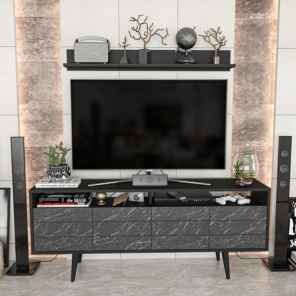 Decorotika Ola Single Door Single Shelf Black Marble and Black TV Unit with Wall Shelf Image 6