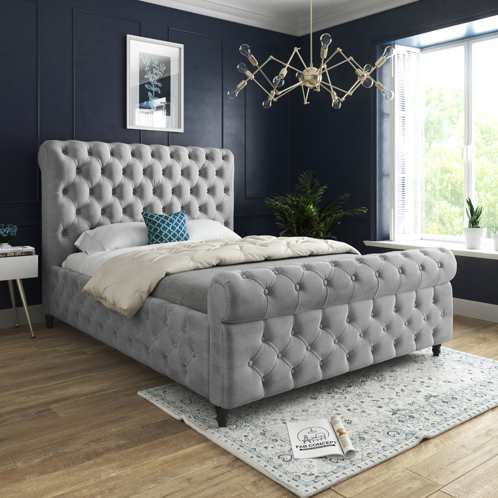 Savana Single Grey Soft Velvet Upholstered Sleigh Bed Frame with Scrolled Headboard Image 5