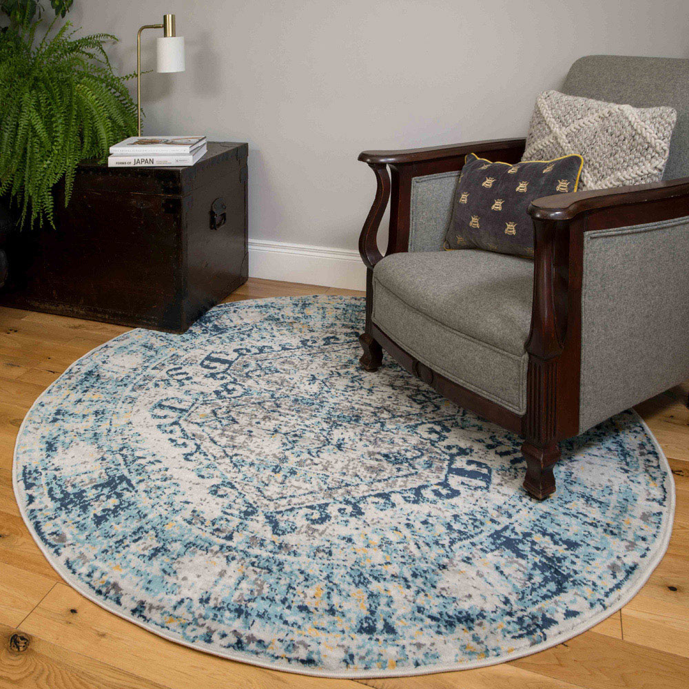 Kukoon Navy Blue and Grey Bordered Geometric Distressed Rug 160cm Image 2