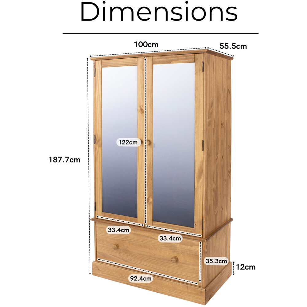Core Products Cotswold 2 Door Single Drawer Pine Wood and MDF Mirror Wardrobe Image 9