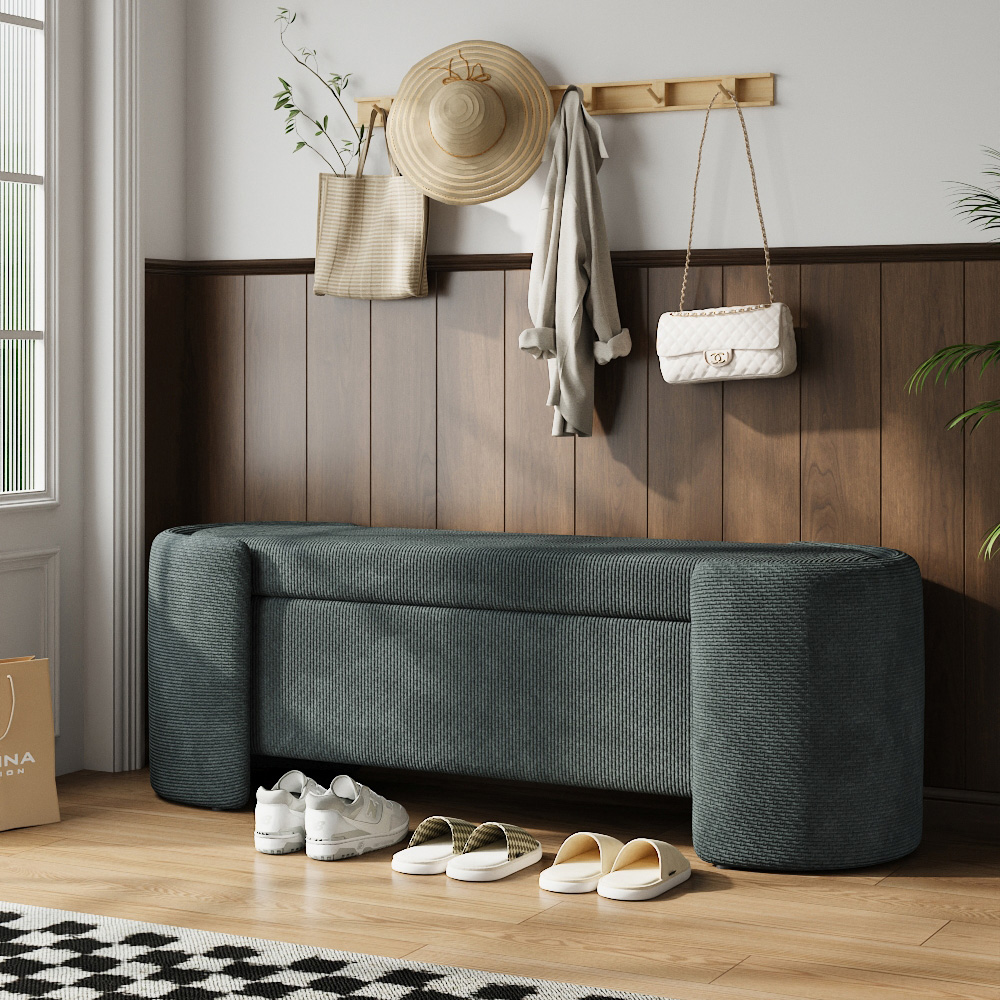 Living and Home 2 Seater Dark Green Oval Upholstered Storage Bench Image 7