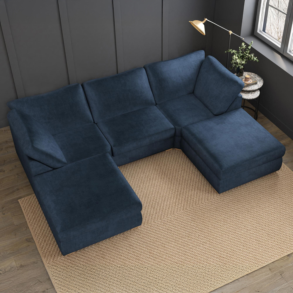 Nestle 5 Seater Royal Blue Plush Velvet Fixed Back U-Shape Sofa Image 7