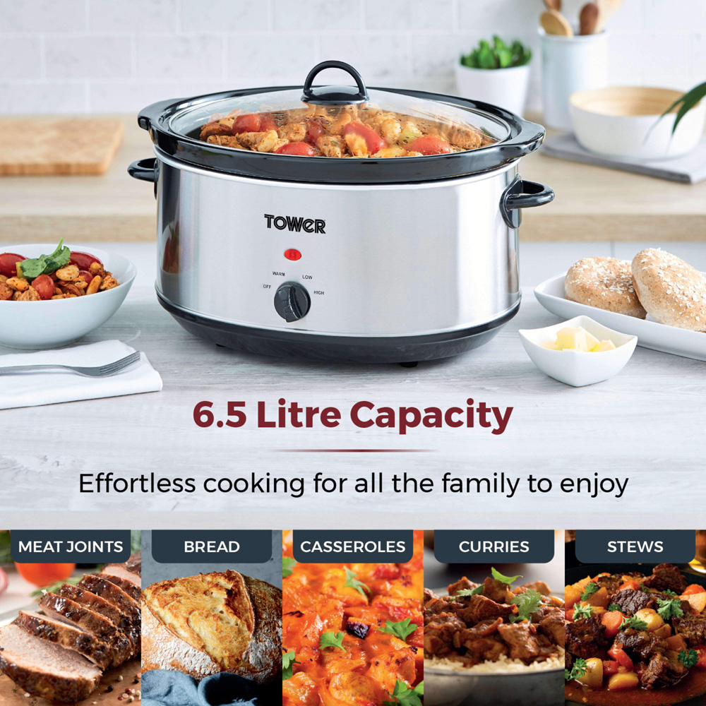 Tower T16040Y Silver Stainless Steel Slow Cooker 6.5L Image 3