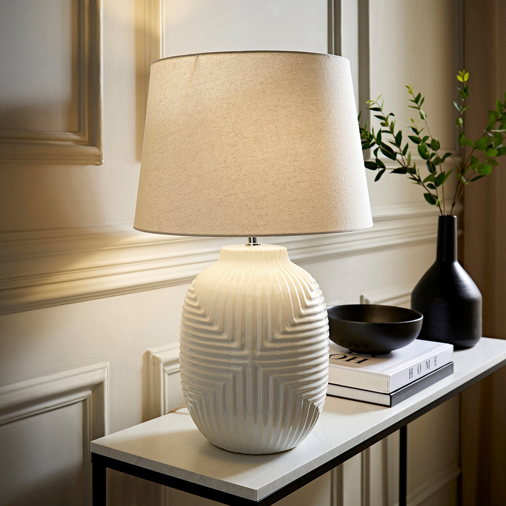ValueLights Harrison Taper Shade White Geo Ribbed Pattern Gloss Large LED Table Lamp Image 6